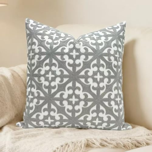 SLOW COW Embroidery Decorative Throw Pillow Cover Grey Kaleidoscope Design Pattern Cushion Cover 18 x 18 Inches