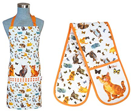 SiXsigma Sports Unisex Chefs Apron & Double Oven Gloves Set Butchers Kitchen Cooks Restaurant Bistro BBQ School College POCKETS 100% Cotton Adult Men’s & Womens Novelty
