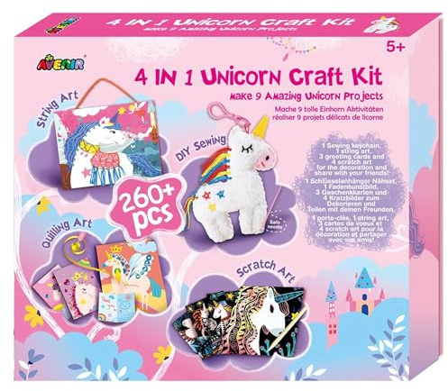 Avenir 6301772 4-in-1 Kreativ Set Einhörner, Bastelset mit 9 DIY Projekten, Basteln, Nähen, Kratzbilder, Fadenkunst, Quilling Art, für Kinder ab 5 Jahren