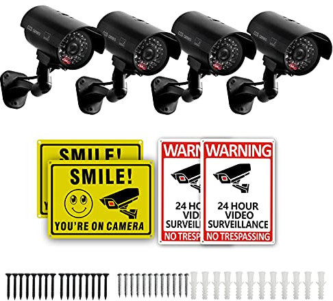 4 Packungen Fake Sicherheitskamera mit No Trespassing Signs Smile You 're On Camera Warnschilder und Schrauben, Dummy-Kameras mit realistischem LED Blinklicht für Außen- und Innengebrauch Set von 8