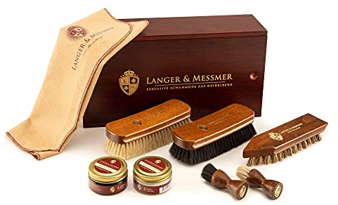 Langer & Messmer Scatola per lustrascarpe di alta qualità senza contenuto o con set di cura in più parti - scatola per lustrascarpe in legno con creme per la cura della pelle modello Mannheim