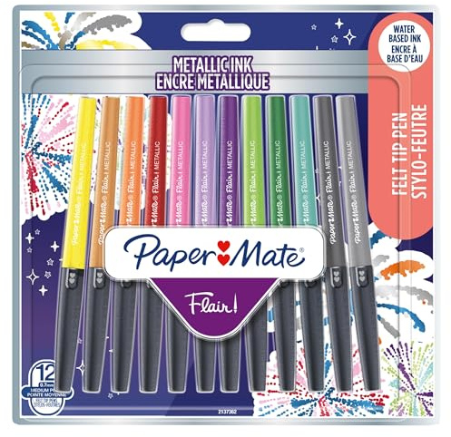 Paper Mate Flair filtspetspennor | Mediumspets (0,7 mm) | Metallic färger | 12 stycken