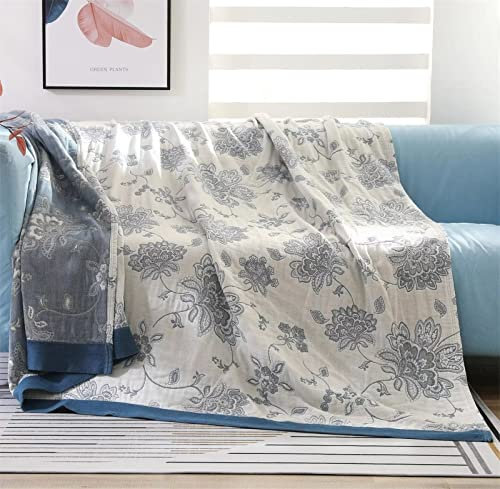 100% Baumwolle Decke Boho Tagesdecke 200x230cm Doppelseitig Kuscheldecke Bettüberwurf Beige Blau Blumen, Sofa Bed Chair Blanket,Wohnzimmerdecke Couchdecke Sesseldecke Wendedecke Bettüberwurf