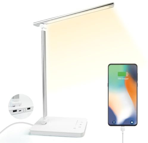 Shuwomart Schreibtischlampe - LED Tischlampe Dimmbar, LED Nachttischlampe, 5 Farben und 10 Helligkeitsstufen, Tageslichtlampe Augenschutz mit 45-Minuten Timer, USB-Anschluss für Leser, Kinder, Büro