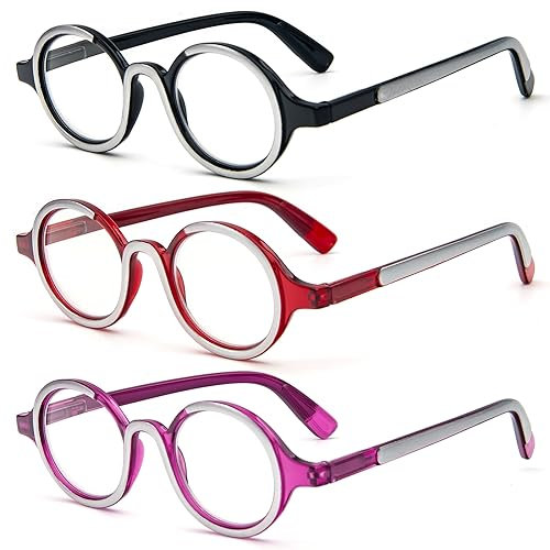 KoKoBin Confezione da 3 Occhiali da Lettura per donne e uomini Retro Round Oversized Frame Anti Luce Blu Occhiali con cerniera a molla (Nero/Rosso/viola, 3, x)