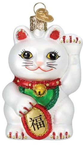 Old World Christmas Lucky Cat Glass Blown Ornament for Christmas Tree, Handcrafted Holiday Decoration, Chinese Collection