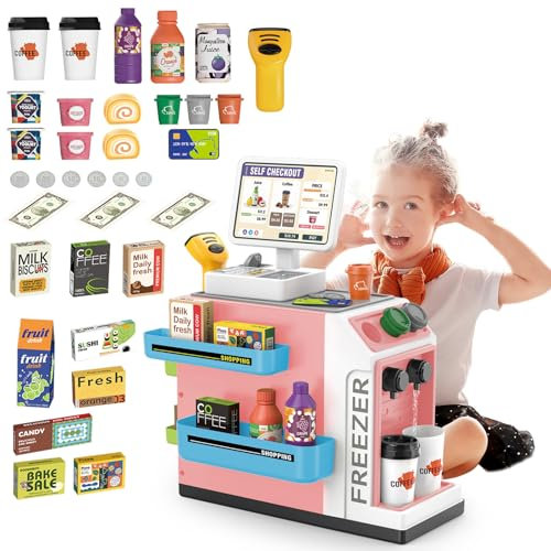 deAO Supermarket Playset with Coffee Machine, Interactive Food, Play Scanner Toy, Cash Register Set Includes Milk, Coffee, Play Money, Realistic Shopping Role Play Toys for Kids 3+​​ (Pink)