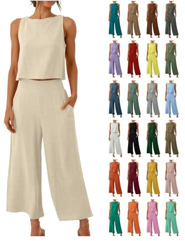 AACH Damen Zweiteilige Outfits Lässiges Sommer Outfits Leinen Crop Tank Top und Hose 2-teilige Rundhals Ärmelloses Freizeitanzug mit Taschen Hosenanzug Leicht blitzangebote des tages heute