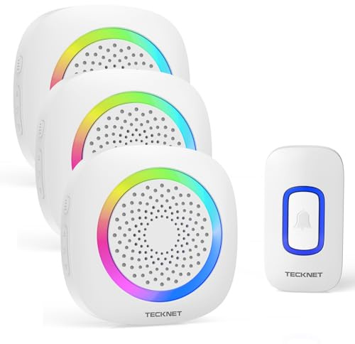 Tecknet Campanello Senza Fili da Esterno, Campanello Wireless IP66 Impermeabile con RGB Indicatori 400M Operativo Portata, 60 Suonerie, 5 Volumi Selezionabili,(1xTrasmettitore e 3x Ricevitore)