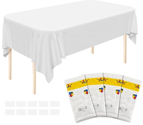 4Stks Auslaufsichere Weiße Plastiktischdecke, 137x274cm Rechteckige Abwaschbare Tischdecke, wasserdichte Vinyl Wachstuchtischdecke mit 10 Klettverschlüssen, Große Waschbare Tischdecke für Gastronomie