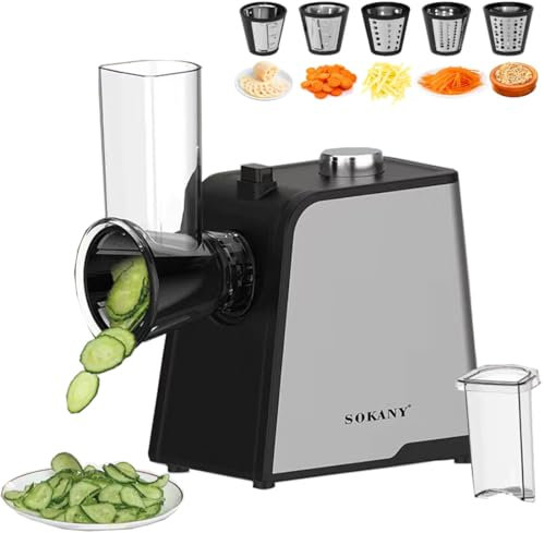 SOKANY 1000W Grattuggia Elettrica, Affetta Insalata con 5 inserti extra-affilati, Tritatutto Per Verdura e Frutta per Grosso, Fine, Affettato, Tritato, Facile da Pulire (SK-06018)