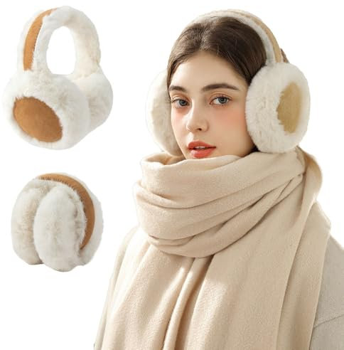 Vmxlso Ohrenwärmer Damen, Faltbare Ohrenschützer Winter, Stirnband Plüsch Ear Warmers, Wildleder, Earmuffs Winter Kopfhörer für Kälteschutz, Outdoor, Bequemer Weicher, Kamel, Weiß