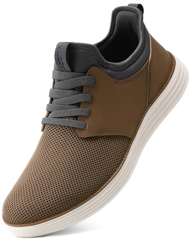 VILOCY Mens Slip On Casual Dress Shoes Hands Free Fashion Sneakers Mesh Tennis Walking Shoes Comfortable Work Shoes Breathable Lightweight Non Slip Brown,EU44