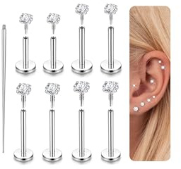 LOLIAS 18G Flat Back Earrings Studs-Hypoallergenic Surgical Stainless Steel Cartilage Earring for Women Silver Internally Threaded Cubic Zirconia Nose Stud Lip Medusa Tragus Helix Piercing Jewelry