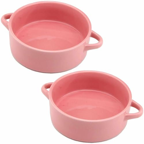 Round Ceramic Baking Dish Set Of 2 with Handles Oven To Table Ideal for Lasagne/Pie/Casserole/Tapas (5 x 14 x 19 cm/ 9 inch) Pink