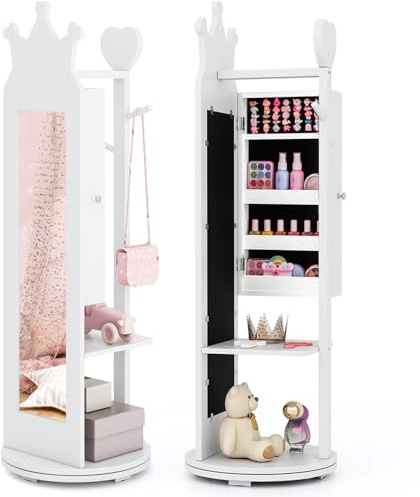 DREAMADE 3 en 1 Armoire à Bijoux Enfants à 360°,Organisateur de Bijoux Enfant avec Miroir Pleine Longueur,Porte-Vêtements,Anti-Bascule,Crochets,Meuble sur Pied Motif Couronne pour Filles (Blanc)