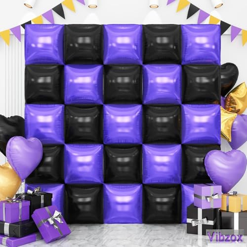 Black Purple and Gold Double Sided Square Foil Balloons Wall, Chrome Foil Balloons Tunnel Arch Kit for Birthday, Halloween, Graduation, Baby Shower, Fiesta Party Background Decoration