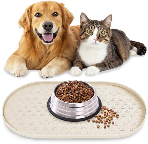 AVYDIIF Napfunterlage Hund Katzen, rutschfeste Futtermatte Silikon für Hundenapf Katzennapf, 100% wasserdichte Haustierfutter Matte mit Erhöhten Rändern, Spülmaschinenfest (Beige, M: 48 * 30cm)