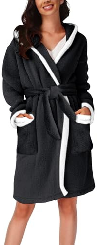 Robe de chambre moelleuse avec capuche pour femme – Robe de chambre courte et moelleuse pour femme – Robe de chambre personnalisée en tissu éponge chaud peignoir blanc chemise de nuit légère, Noir