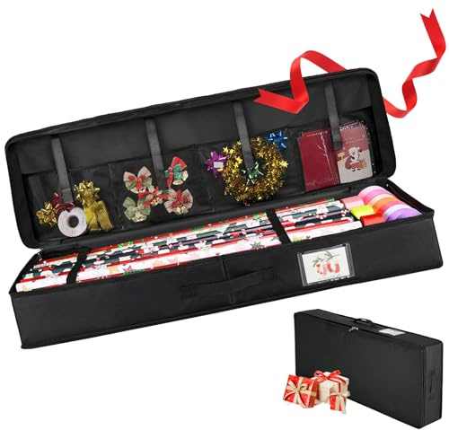 Spetsbst Förvaringsbox för presentpapper, vattentät organiserare för julpresentpapper 600D Oxford med fack, svart (100x35x15cm)