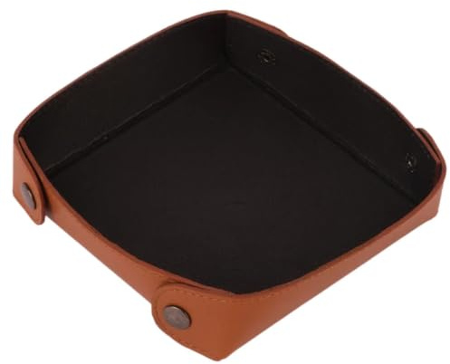 WASAMA Leather Valet Tray | Full Grain Leather Organiser with Corner Button Design | Square Catchall Tray for Keys, Wallet, Coins, Jewellery (Tan-Black)