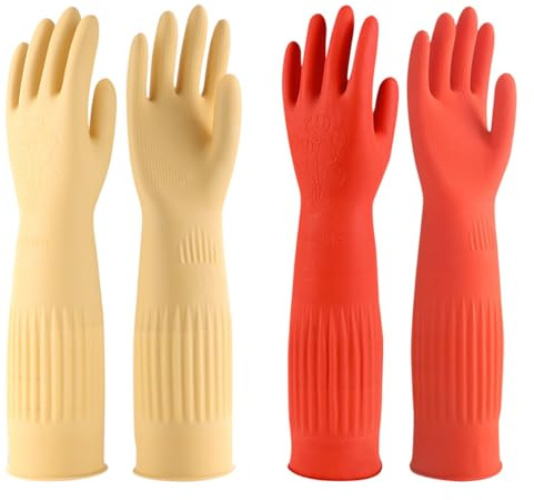 AOOPOO 2 Paires Gants de Ménage, 38/45cm Gants Vaisselle en Caoutchouc à Manche Longue, Gant Nettoyage Réutilisables Imperméables pour Cuisine, Salle de Bain, Lessive, Jardinage