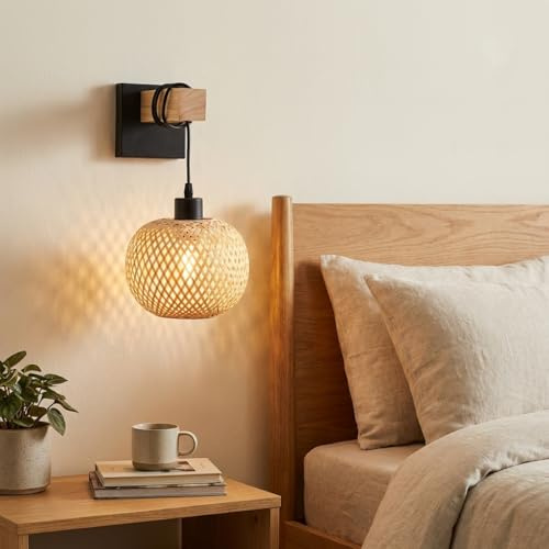 BARCELONA LED Aplique de Parede em Mimbre e Madeira Natural com Base em Metal Preto, Estilo Clássico Vintage Moderno e Luxuoso, Luz E27 Interior Minimalista para
