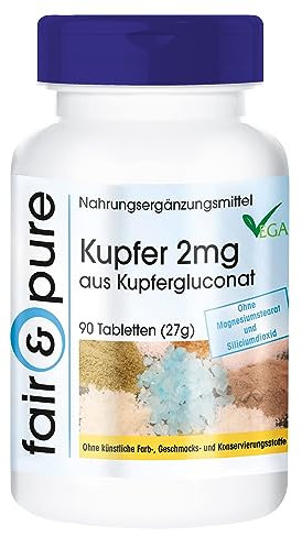 Fair & Pure® - Cobre 2mg - Gluconato de Cobre vegano - Buena disponibilidad biológica - Alta pureza - 90 Comprimidos