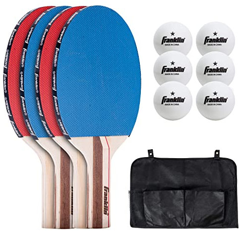 Franklin Sports Ping Pong Paddel Set mit Bällen - 4 Spieler Tischtennis-Kit - (4) Ping Pong Paddel + (6) Bälle - Rot + Blau Tischtennisschläger - Komplettes Starterset