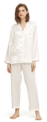 LilySilk Pijamas Mujer De Seda Estilo Clásico 100% Seda De Mora Natural De 16 Momme,Blanco Natural, Talll M