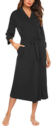 UNibelle Bademantel Damen Baumwolle Sommer Kimono Leicht Robe Jersey kurz Hausanzug Sleepwear Saunamantel Schwarz XL