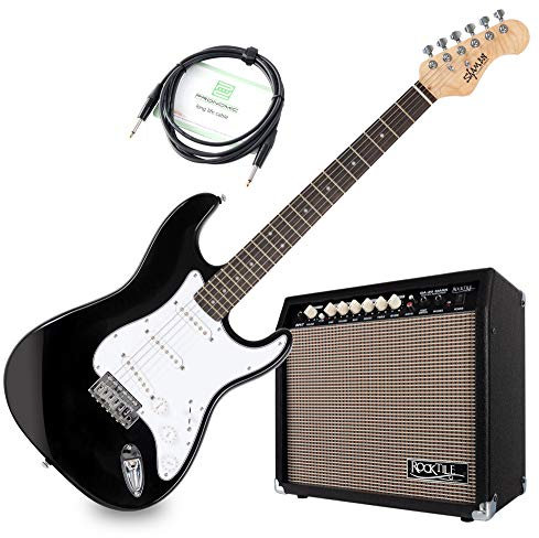 Shaman Element Series STX-100B E-Gitarre Verstärker Set - Macassar Griffbrett - ST-Bauweise mit 3 Single Coils - 30 Watt Gitarrencombo mit 2 Kanälen - 8 Speaker - Gitarrenkabel - schwarz