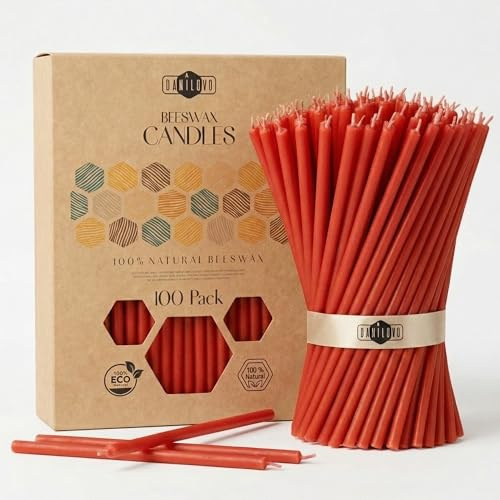 Danilovo 100 Candele Sottili in Cera d’Api - Candele Ortodosse da Chiesa in Cera d’Api con Stoppino in Cotone, Rituali per Meditazione, Preghiera e Altare Domestico, Profumo di Miele (16 cm, Rosso)