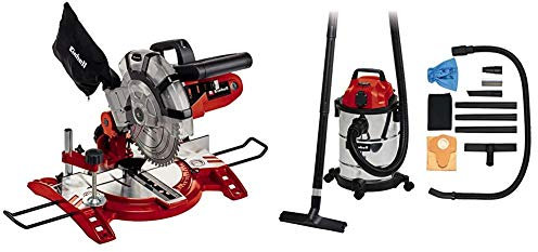 Einhell Scie à onglet radiale TC-MS 2112 (1600 W, Largeur de coupe maximale : 120 mm, Sac à poussière et blocage de sécurité) VERSION KIT avec Aspirateur Eaux et Poussières TC-VC 1820 SA