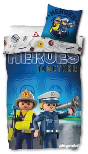 Skybrands Playmobil Bettwäsche-Set Polizei & Feuerwehr für Kinder - Wendebettwäsche 135x200 + 80x80 cm - Blau/Bunt - 100% Baumwolle Renforcé - Hochwertiges Jungen Geschenk PM003-B