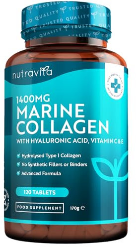 Collagene Marin + Acide Hyaluronique 1400mg avec Vitamine C Vitamine E Biotine Zinc et Cuivre - 120 Comprimés pour 2 Mois, Collagene et Acide Hyaluronique pour Hydratation de la Peau - Nutravita