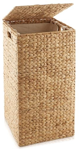 Casafield Laundry Hamper with Lid and Removable Liner Bag - Natural, Woven Water Hyacinth Square Laundry Basket Sorter for Clothes and Towels