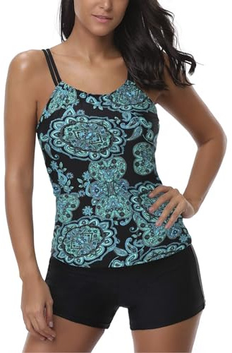 AYEEBOOY Ensemble Tankini pour Femmes avec Contrôle du Ventre et Taille Haute, Maillot de Bain avec Shorty, Taille Plus, Imprimé Floral, Maillot de Bain Hâler, L