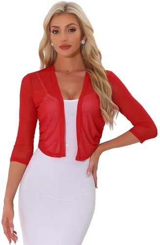 Allegra K Donna Coprispalle Elegante Bolero in Chiffon Trasparente Maniche A 3/4 Cardigan in Rete Giacca Corta Estivo Rosso L