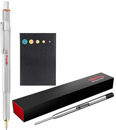 rOtring 800 Ballpoint Pen | Medium Point | Black Ink | Silver Barrel | + Sticky Notes + additional Pen Refill