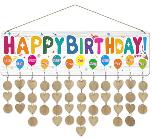 arricraft 1 Stück Holz Geburtstags Erinnerungskalender Für Die Familie Happy Birthday Bunter Ballon Geburtstagskalender Zum Aufhängen An Der Wand Mit 100 Etikett Geschenke Für Vater Und Mutter
