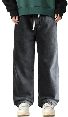 Jean thermique pour homme - Coupe ample - Épais - Stretch - Chaud - Denim avec doublure en peluche - Taille élastique - Pantalon de loisirs - Hiver - Polaire thermique - Jambe droite - Peluche - Jean