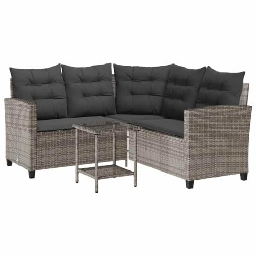 Canapé de jardin avec table et coussins en forme de L gris