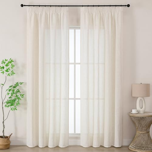Joydeco Rideau Voilage Lin Naturel avec Galon Fronceur sur Rail 140x225cm 2 Panneaux, Rideaux Voilages Semi-Transparent Hauteur 225cm pour Decoration de Porte-fenêtre Chambre Salon, Beige Avoine