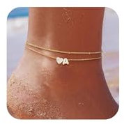 ZHESHY Fußkettchen Für Damen 14k Gold Herz Buchstaben Fussketten Für Frauen Wasserfester Layered CZ A-Z Initial Fußkette Verstellbar Fußschmuck Sommer Strand Handgefertigt Schmuck Geschenke 21+5cm