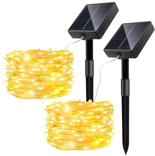 Jsdoin 2 Pacchi Luci Solari Esterno,15+2M 150LED Luci Solari da Giardino,8 Modalità Impermeabili Catena Luminosa Esterno Energia Solare Per Giardino Albero Patio Natale (Bianco Caldo)