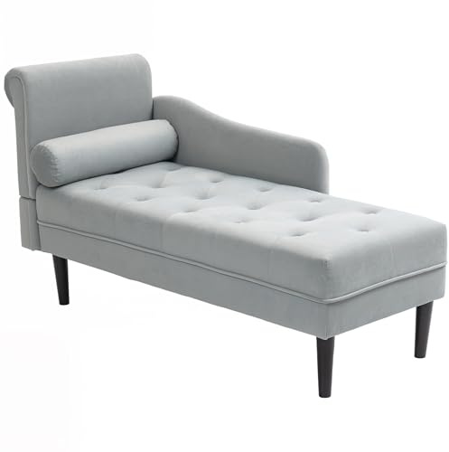 HOMCOM Chaise Longue Trapuntato con Cuscino e Bracciolo Sinistra in Velluto, Divano Imbottito, Poltrona Chaise Longue con Gambe in Legno Massello per Soggiorno, Ufficio e Salotto, Grigio
