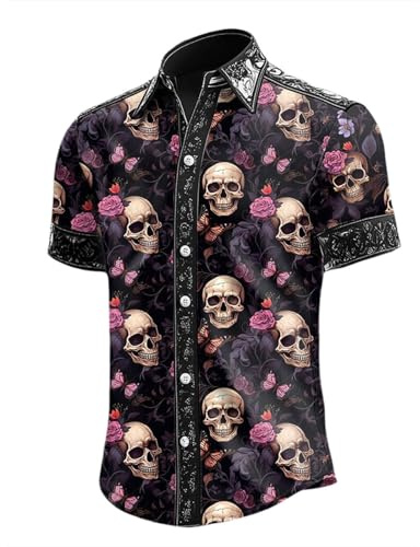 Caxndycing Costume d'Halloween pour homme - Motif tête de mort - Impression graphique - Chemise de festival - Vintage - Chemise à manches courtes - Streetwear - Y2K - Chemise de pêcheur - Chemise