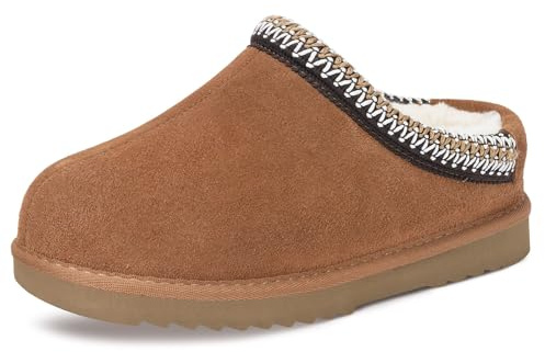 Pantofole Bambini Inverno Pelle Scamosciata Caldo Fodera in Feltro Pelle Vera Slipper Ragazzo Ragazza Antiscivolo Impermeabile Stivali da Neve,Marrone,34 EU