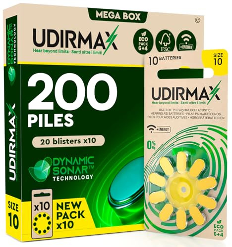 200 Batterie per Apparecchi Acustici Misura 10 Udirmax Pile PR70 Gialle Zinco-Aria Eco Pack - 20 Blister Ecologici da 10 Pile
